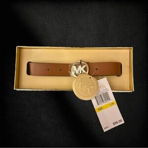 Michael Kors Pave Brown Leather Belt with Gold MK Logo Buckle